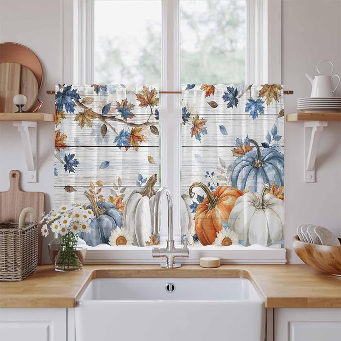 Thanksgiving Pumpkin Kitchen Curtains 54 Inch Long 2 Panel Set, Rod Pocket