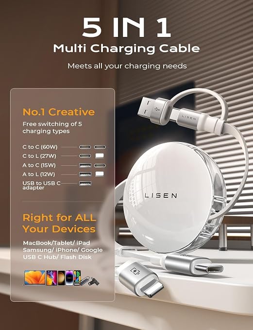 LISEN 5 in 1 Retractable Cord 60W Multi Charging Cable for Multiple Devices | USB-C/A/L Ports Retractable Chargers for iPhone 17/16/15/14/13/12/11 Pro/Max Galaxy S25/S24/S23 iPad Pro/Air