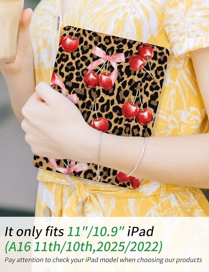 Case for iPad 9th/ 8th/ 7th Generation Case 10.2&amp10.5 Inch (2021/2020/2019 Release) Slim Lightweight Soft Trifold Back Cover with Pencil Holder &amp Auto Sleep/Wake Cover Cherries Cheetah Bows