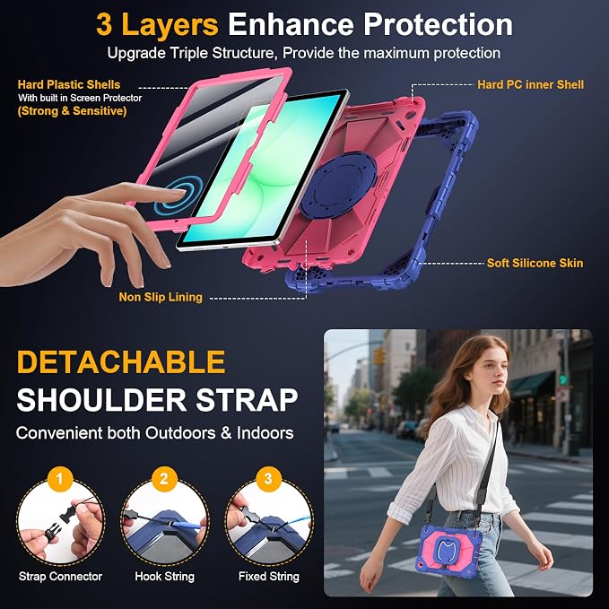 Case for Samsung Galaxy Tab A9 Plus 11 Inch 2023 Ubearkk Rugged Case for Samsung Galaxy A9+ Tablet SM-X210/X216/X218 with Screen Protector 360 Rotating Stand Shoulder Strap Pen Holder Black
