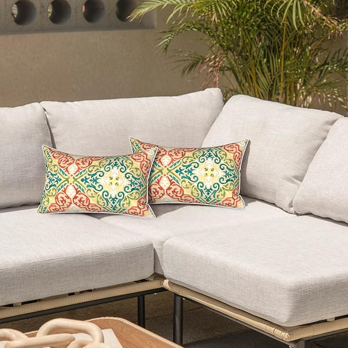 LVTXIII Outdoor Lumbar Pillow Covers 12"x20", Covers ONLY, 2 Pack 30x50cm Lumbar Cushion Cover with White Piping for Home Patio Garden Sofa Bench, Geometric Orange