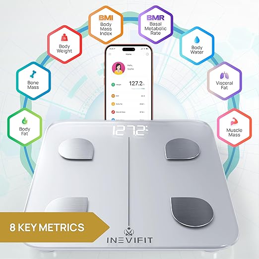 INEVIFIT Smart Body Fat Scale, Highly Accurate Bluetooth Digital Bathroom Body Composition Analyzer, Measures Weight, Body Fat, Water, Muscle, Visceral Fat & Bone Mass for Unlimited Users (White)