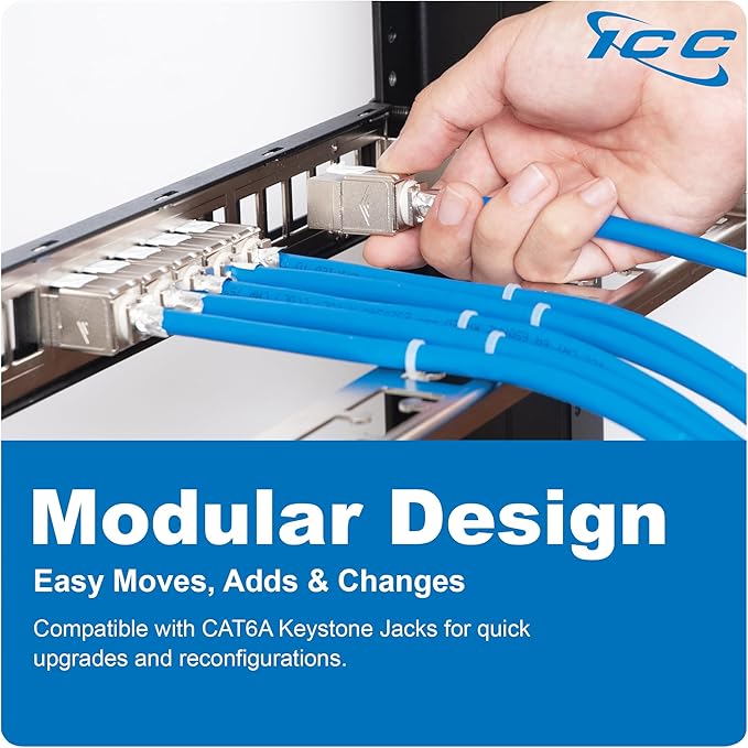 ICC 24-Port Blank Keystone Shielded 1U Patch Panel with 19” Rackmount Housing and Cable Support Bar for Slim Profile Keystone Jacks (Sold Separately), Protects Against EMI, UL Listed, IC107PPS6A