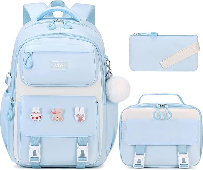 3PCS Girls Backpack for School, Kids Backpack for Girls with Lunch Box Pencil Case Set for Teen Girl Elementary Primary Middle High College School Bookbag with Cute Pins (Blue)