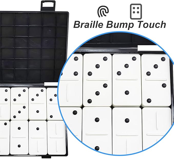 Dominoes Set for Blind, Portable Double 6 Game Set with 28 Pieces, Tactile Sturdy Double - Six Game with Raised Dots for Weak Sight, Visual Impaired & Vision Disorder