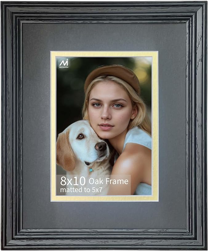8x10 Picture Frame for Wall or Tabletop Oak Wood, 5x7 Picture Frame with Mat,8 x 10 Premium Photo Frame with Real HD Tempered Glass,Ideal for Home Decor, Art Gallery,Black, 1 Pack