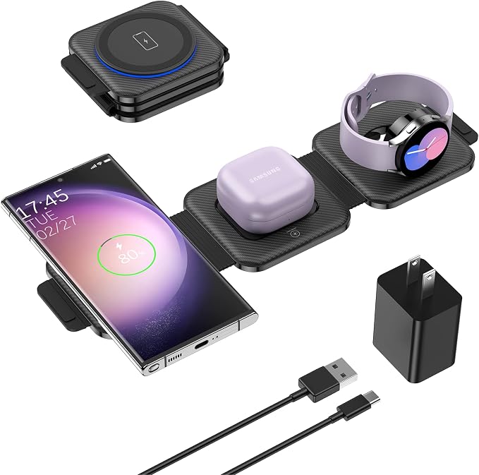 Travel Charger for Samsung Multi Devices Foldable 3 in 1 Wireless Charging Station Fast Charging Stand/Pad Compatible for Samsung Galaxy S26/S25/S24/S23/Note20 GalaxyWatch8/7/6 Galaxy Buds4