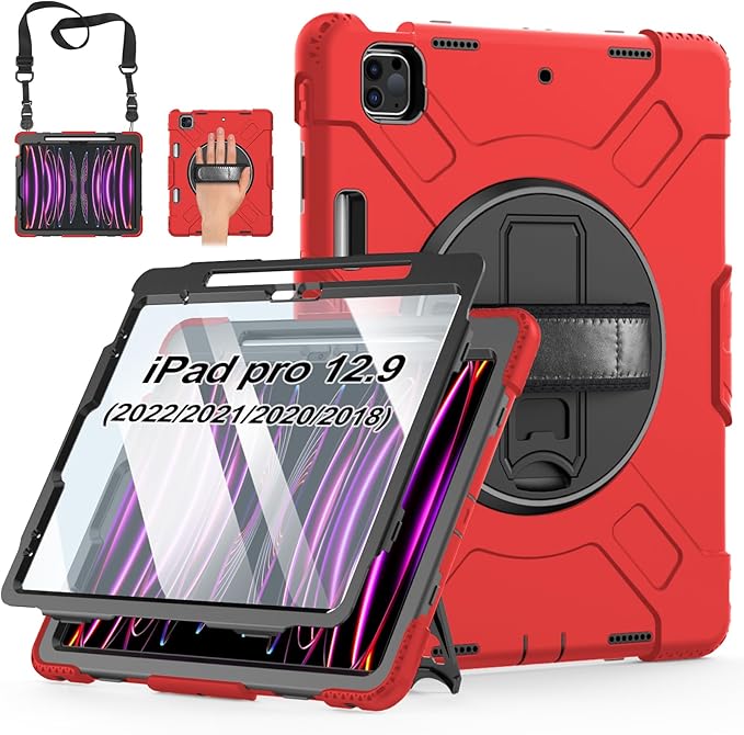Case for iPad Pro 12.9 2022/2021/ 2020/2018: Cover for iPad Pro 12.9 6th/ 5th/ 4th/ 3rd Generation with Screen Protector- Stand- Pencil Holder- Handle- Shoulder Strap Red
