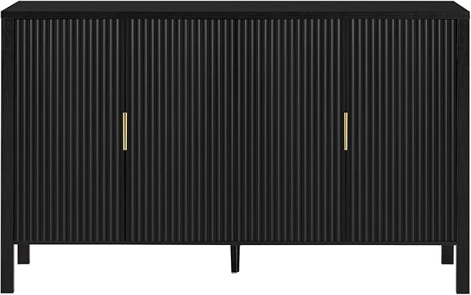 57.5'' Modern Console Table Sofa Table with Storage Racks & Side Hooks, Accent Stripe 4-Door Buffet Sideboard Serving Storage Cabinet with Adjustable Shelves for Living Room Kitchen (Black-NEW)