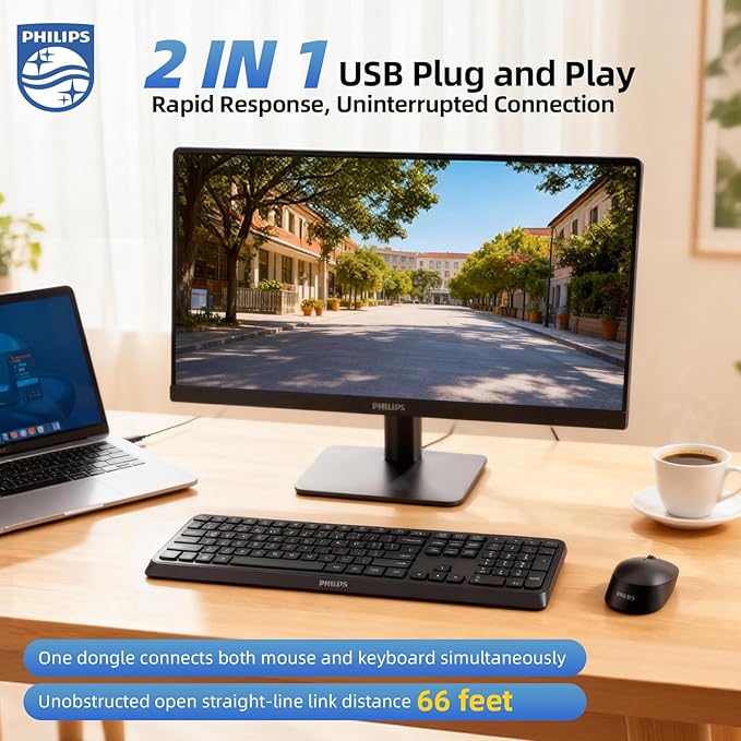 PHILIPS Quiet Wireless Keyboard and Mouse Combo, Silent Keyboard and Mouse Wireless Combo for Laptop PC Computer, Connects with Only One USB-A Dongle, No Bluetooth