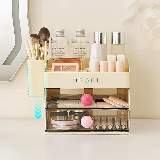 Makeup Organizer for Vanity with Brush Holder, Countertop Organizer with 2 Drawers, Spacious Cosmetic Display Case for Beauty Essential, Skincare, Lipstick