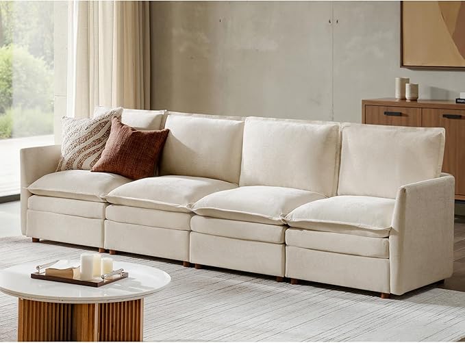 HULALA HOME 128'' Oversized Modular Sectional Sofa with Dual-Layered Cushions, 4 Seater Sofa with Storage Ottoman and Removable Cover, Modern Deep Seat Cloud Couch for Living Room, Beige