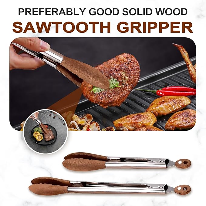 Wshxjzyay 2 Pack Walnut Wooden Tongs For Cooking, 12 & 9 Inch Kitchen Salad Utensils Tongs with Hanging Hole and Wooden Tips, Stainless Steel Kitchen Barbecue Food Suitable for Salad