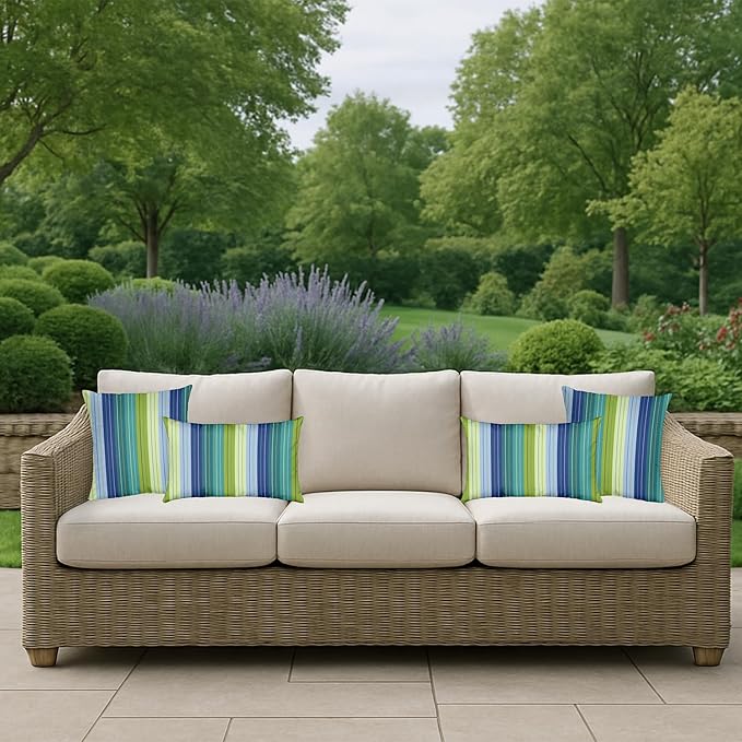 RSH DECOR: Sunbrella Square Throw Pillows Set of 4 | 20" x 20" | Water and Fade-Resistant Performance Fabric | Outdoor Pillow Covers with Down-Alternative Inserts | Seville Seaside