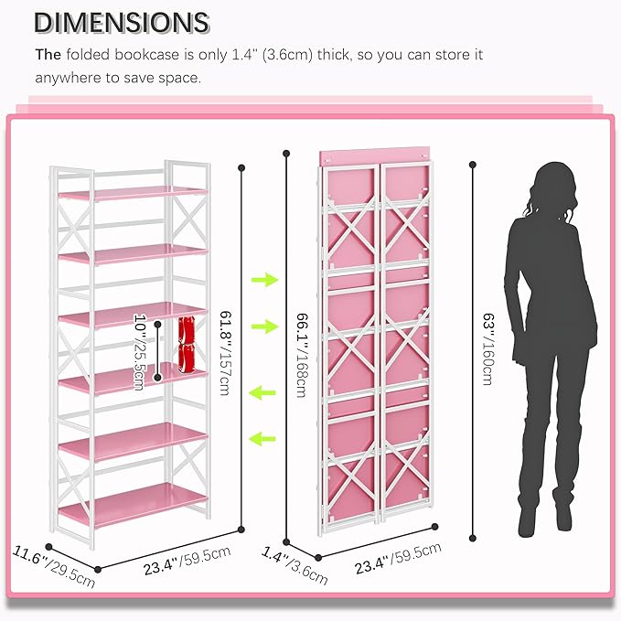4NM 6 Tiers No Assembly Book Shelves, 61.8" H Folding Bookshelf Bookcase Open Industrial Foldable Shelves for Bedroom, Living Room, Home Office - Pink White