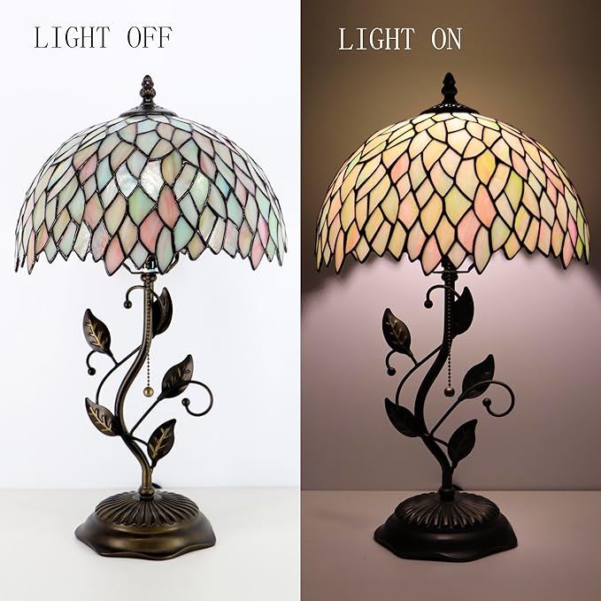 Tiffany Table Lamp, Stained Glass Style Desk Lamp, 12X12X19 Inch,Bedside Reading Light, Metal Leaf Base（Seven Color Wisteria Style