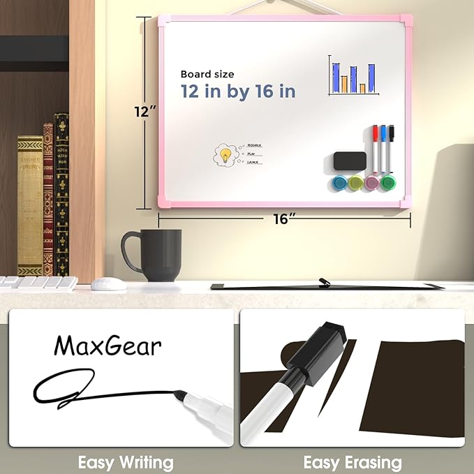 MaxGear Double-Sided Dry Erase Board for Wall, 16"x12" Hanging Whiteboard, Small Dry Erase White Board, Portable Whiteboard for Planning, Drawing, Memo, to Do List, Pink Frame