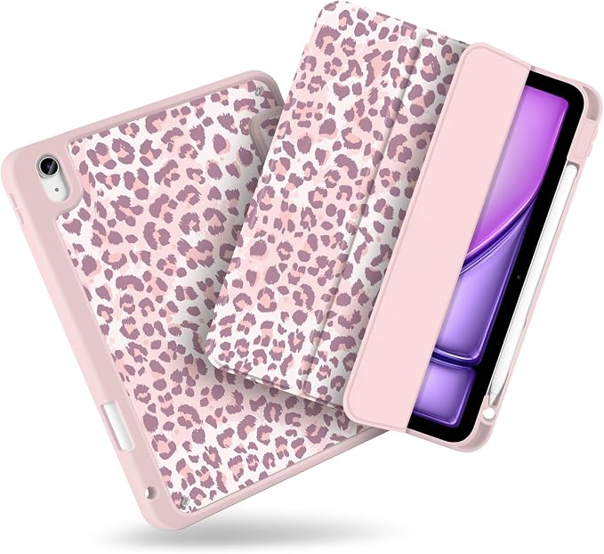 MecBevia Case for iPad Air 11-inch M4 2026 / M3 2025 / M2 2024 | Built-in Pencil Holder Shockproof Clear Hard Back Trifold Stand Auto Wake/Sleep Blue Bow