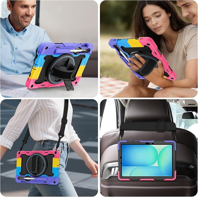 Galaxy Tab S10 Lite/S10 FE/S9 FE 5G/S9 Case 10.9/11 inch | with Screen Protector 360° Rotating Kickstand Hand/Shoulder Strap Heavy Duty Shockproof Cover S Pen Holder Kids Friendly