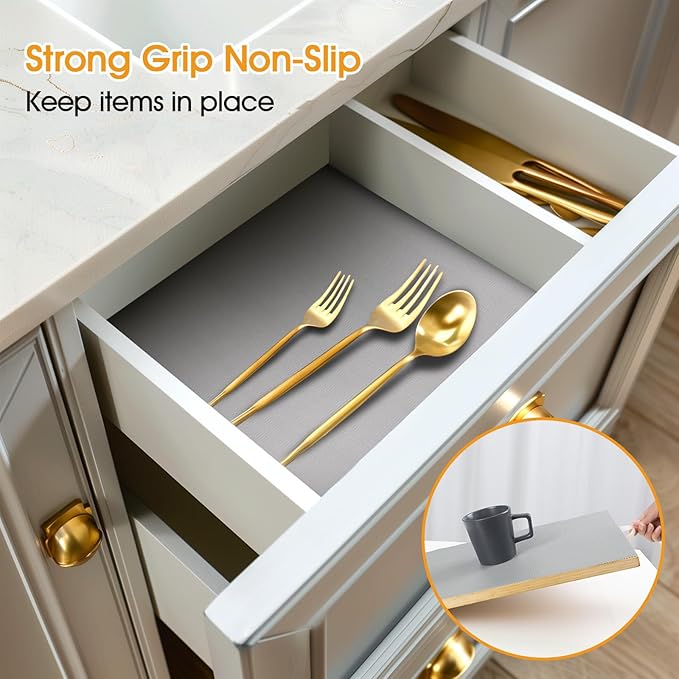 Shelf and Drawer Liner for Kitchen Cabinets Non-Adhesive, Strong Grip Non-Slip Thickened Cabinet Liners for Shelves, Waterproof Mats for Dresser Cupboard, Pure Gray, 12 in x 10 Feet