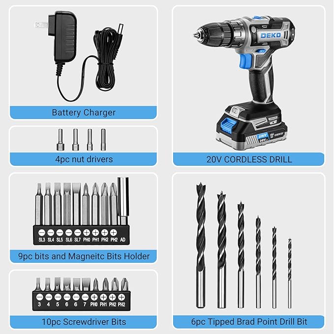 Power Drill Cordless: DEKO PRO Cordless Drill 20V Electric Power Drill Set Tool for Women Drills with Battery and Charger 20 Volt Drills Driver Kit Blue