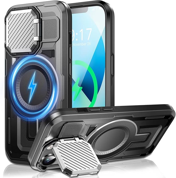 Camera Stand Case for iPhone 14 Plus, [Compatible with Mag Safe] [Lens Cover] 2024 Version Military Grade Protective Soft Case for iPhone 14 Plus 6.7 inch Men Women, Black