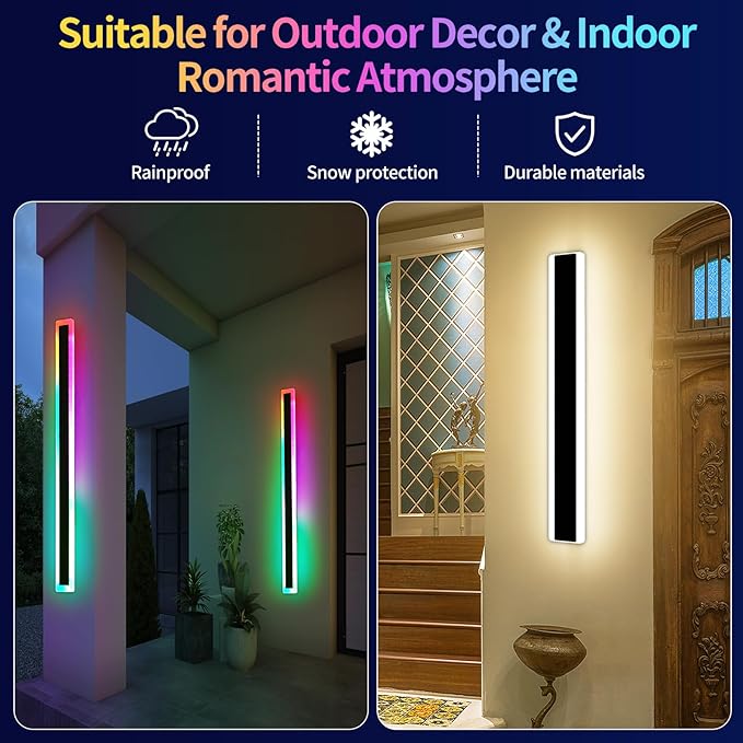 Mikeru Modern RGB 7-Color Dimmable Wall Light, 47 inches, Aluminum & Acrylic, IP65 Waterproof, Remote Control, Suitable for Outdoor/Indoor Wall Lighting