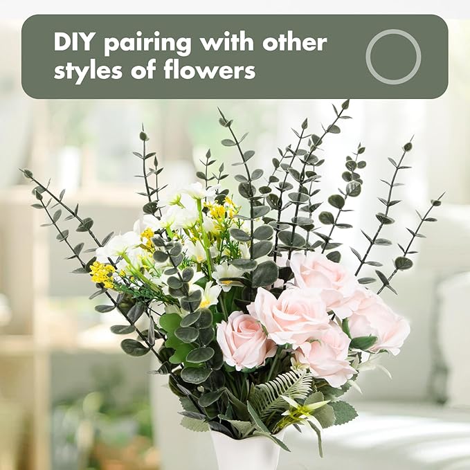 18pcs Eucalyptus Stems Dark Green Greenery Stems Fake Leaves Artificial Flowers Bouquet Faux Branches Centerpiece Flores Plants for Home Party Decor Wedding Decoration