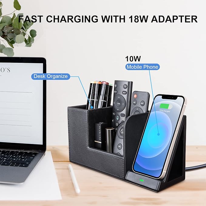 Wireless Charger with Desk Organizer Wireless Charging Station for iPhone 13/13 Pro Max/13 Pro/12 Series/11/XS Max/XR/X/8Plus/SE 2 Wireless Charging Stand with Leather… (Black)
