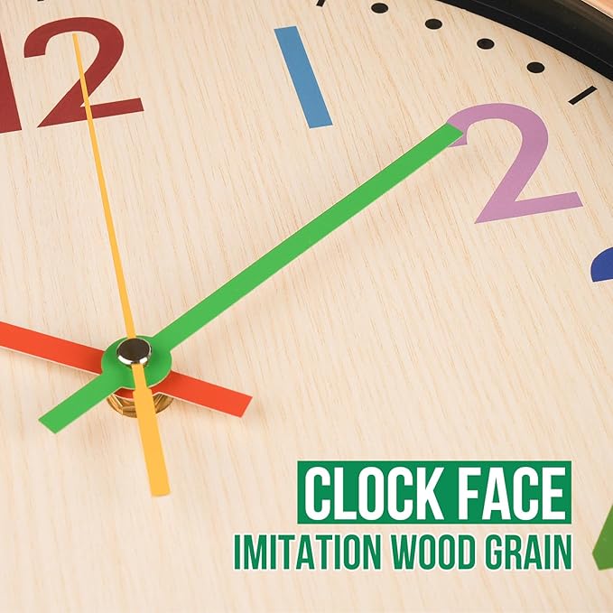 bakbrand Kids Wall Clock Silent Non-Ticking Colorful Childrens Clock Round Decorative Wall Clocks for Classroom, School, Office, Bedroom, Living Room, Kitchen (Bamboo Grain, 12 inch)