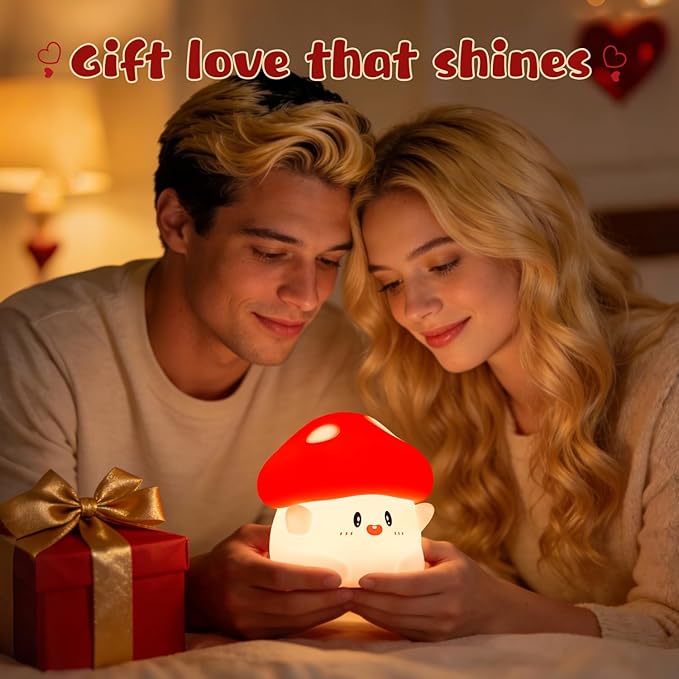 Rytinazzz Hug Mushroom Night Light, 50-Hour Battery & Pat Control, Squishy Lamp for Kids Bedroom, Girls, USB Rechargeable with Timer, Valentines Gifts