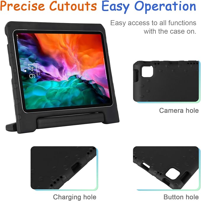 Kids Case for iPad Pro 11 M5/M4 &amp iPad Air 11 (2026/2025/2024) Shockproof Case with Pencil Holder Techcircle Light EVA Foam Handle Stand Bumper Protective Child Friendly Drop Proof Cover Black