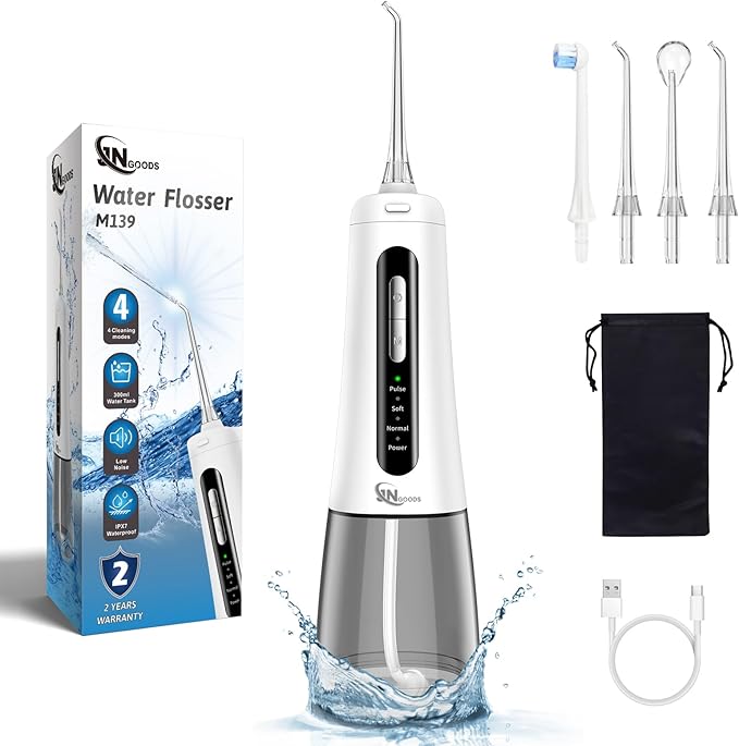 JNGOODS Cordless Water Dental Flosser Oral irrigator,JNGOODS 300ml Rechargeable Water flosser for Teeth IPX7 Waterproof 4 Modes Portable Oral Irrigator with 4 Jet Tips, Travel Home use (White)
