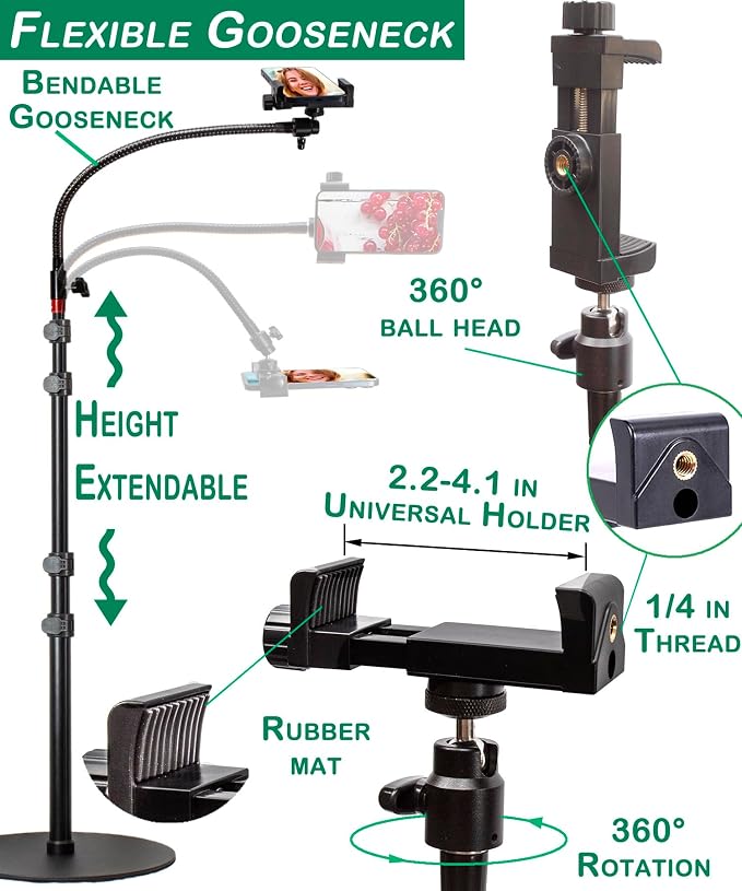 Tall Video Cell Phone Mount with Height Adjustable Stand Heavy Base 360 Head - Compatible with iPhone 16 16 Pro Max 16 Plus 15 14 13