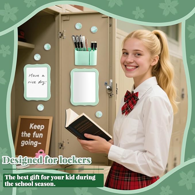 11 Pcs School Lockers Magnetic Decor Green Locker Accessories Kit with Magnetic Mirror Whiteboard Pen Holder Buckles Lockers Organizer Decorations Locker Essentials for Back to School Supplies