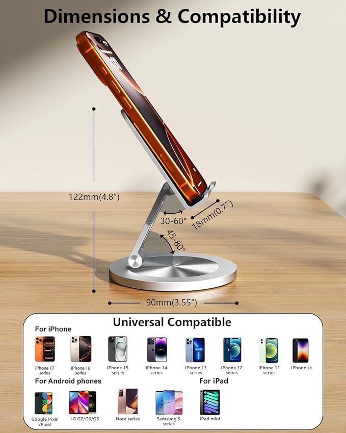 Phone Stand for Desk 360° Rotating Dual Adjustable Foldable Cell Phone Holder Heavy Solid All-Aluminum Base Anti-Slip Stable Support for Home Office Study Fits iPhone Galaxy 4-8 Phones