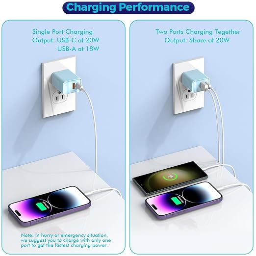 10FT iPhone 17/16e Fast Charger2Pack 20W Dual Port USB A+C QC Apple Adapter with 10 Foot USB C to C Fast Charging Cable Cord for iPhone 17Air/17Pro/17Pro Max/16/16Pro/15/15Pro/Pro Max/Plus(Blue/Pink)