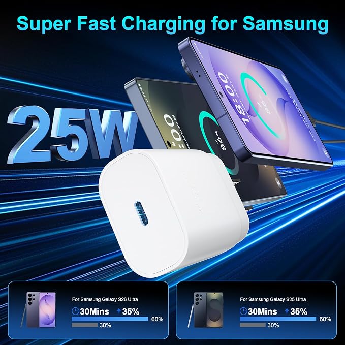Super Fast Charger Type C 25W USB C Wall Charger Fast Charging for Samsung Galaxy S26 Ultra/S26/S26+/S25 Ultra/S25/24 Ultra/S24/S23 Ultra/S22 Ultra with 10FT Long Android Type C Charger Cable 2Pack