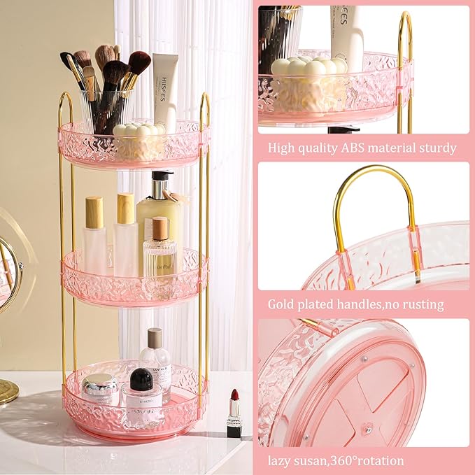 Fangoo 3 Tiers Pink Rotating Makeup Organizer for Vanity, 360 Spinning Skincare Organizers for Dresser Perfume Organizer Large Skincare Make Up Storage Cosmetic Organizer for Bathroom Countertop