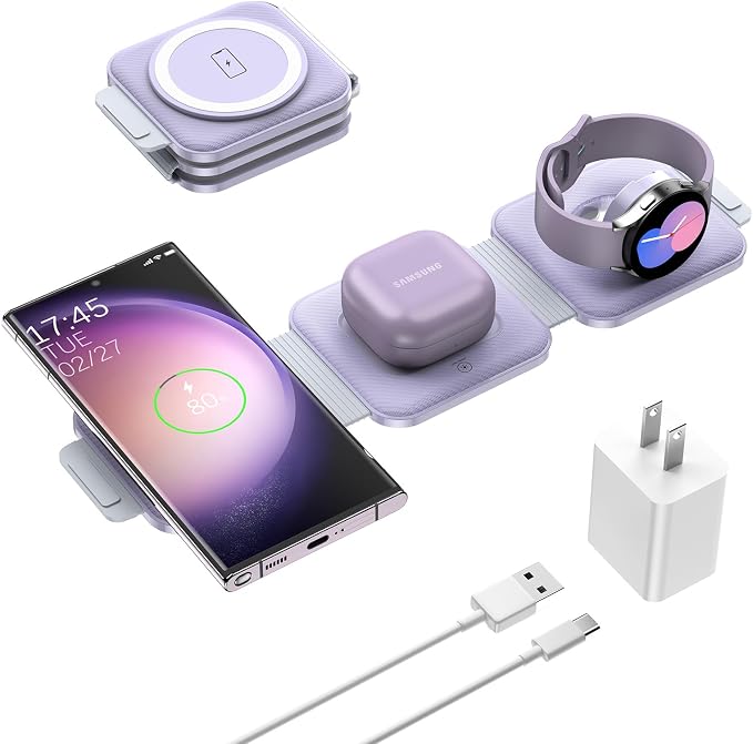 Travel Charger for Samsung Multi Devices Foldable 3 in 1 Wireless Charging Station Fast Charging Stand/Pad Compatible for Samsung Galaxy S26/S25/S24/S23/Note20 GalaxyWatch8/7/6 Galaxy Buds4
