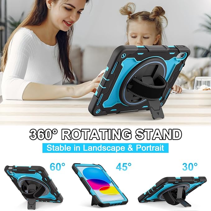 for iPad 9th 8th 7th Gen Case 10.2 inch with Screen Protector | 360° Rotating Kickstand Hand Strap Shoulder Strap Heavy Duty Military Grade - Kids Friendly