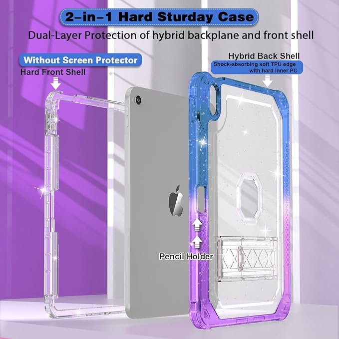 ZoneFoker Case for iPad 11-inch (A16) 2025 / iPad 10th Gen 10.9 inch 2022 Heavy Duty Shockproof Rugged Protective with Pencil Holder 11th / 10th Translucent Cover with Kickstand