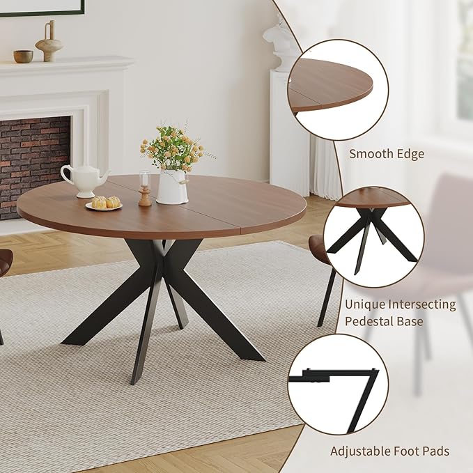 45.3" Walnut Round Dining Table Set with 4 Chairs – Mid-Century Modern Small-Space Kitchen & Dining Room Furniture for Apartment or Breakfast Nook (Boxwood – Table + 4 Black Chairs)