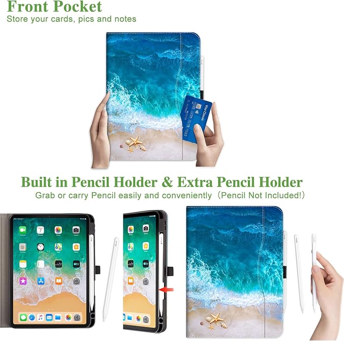 Vimorco for iPad Pro 11-inch Case M5/M4 2025/2024 for iPad Pro Case 11 Inch M5/M4 Pencil Holder/Hand Strap/Pocket/Screen Protection Band 3 Adjustable Angles Auto Sleep/Wake Beach Blue Ocean