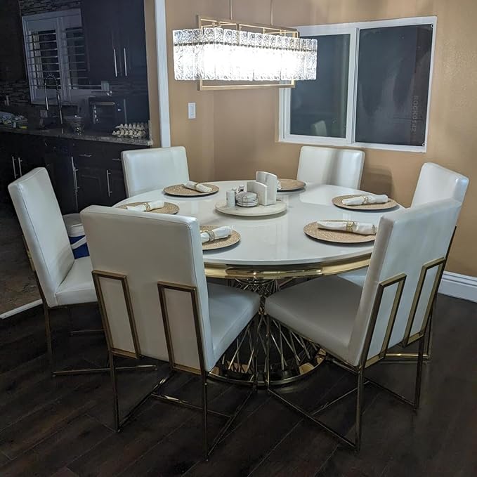AUZ Dining Chairs, White and Gold Faux Leather Dining Chairs with Polished Stainless Steel Legs, Set of 2