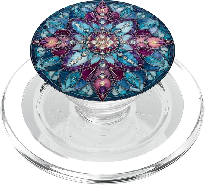 Stained Glass Style Blue Floral Mandala Bohemian Aesthetic PopSockets PopGrip for MagSafe