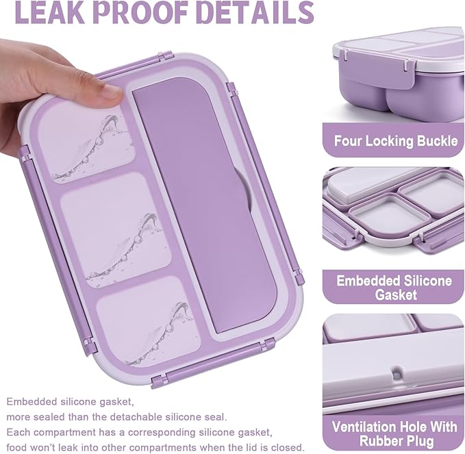 Bento Box Adult Lunch Box, Lunch Containers for Kids Girls Boys with 4 Compartments, Lunchable Food Container with Utensils, Sauce Jar, Muffin Liners, 40 Oz/5 Cup, Microwave Safe, Lavender