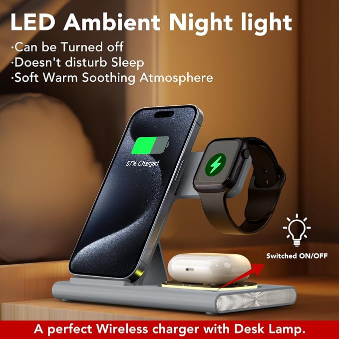 3 in 1 Foldable Wireless Fast Charging Station for Apple Multiple Devices | iPhone Charging Station for iPhone 17 Travel iWatch Charger Stand Light Nightstand Charging Dock for Apple Watch/Airpods