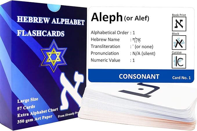Hebrew Biblical Alphabet Flashcards, Complete Large Size 57 Cards Includes Consonants, Vowels, with Dagesh & Final Form, Hebrew Alef Bet Letter Educational Cards for Jewish Language Learning