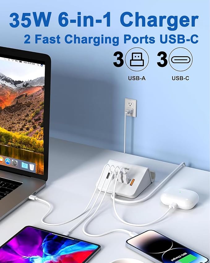 USB C Charging Station 35W VHBW 6 Port 3A and 3C(1Port *USB-C PD20W Fast) Desktop Fast Charging Station for iPhone 14/13/12Samsung Galaxy S23/S22/S21etc